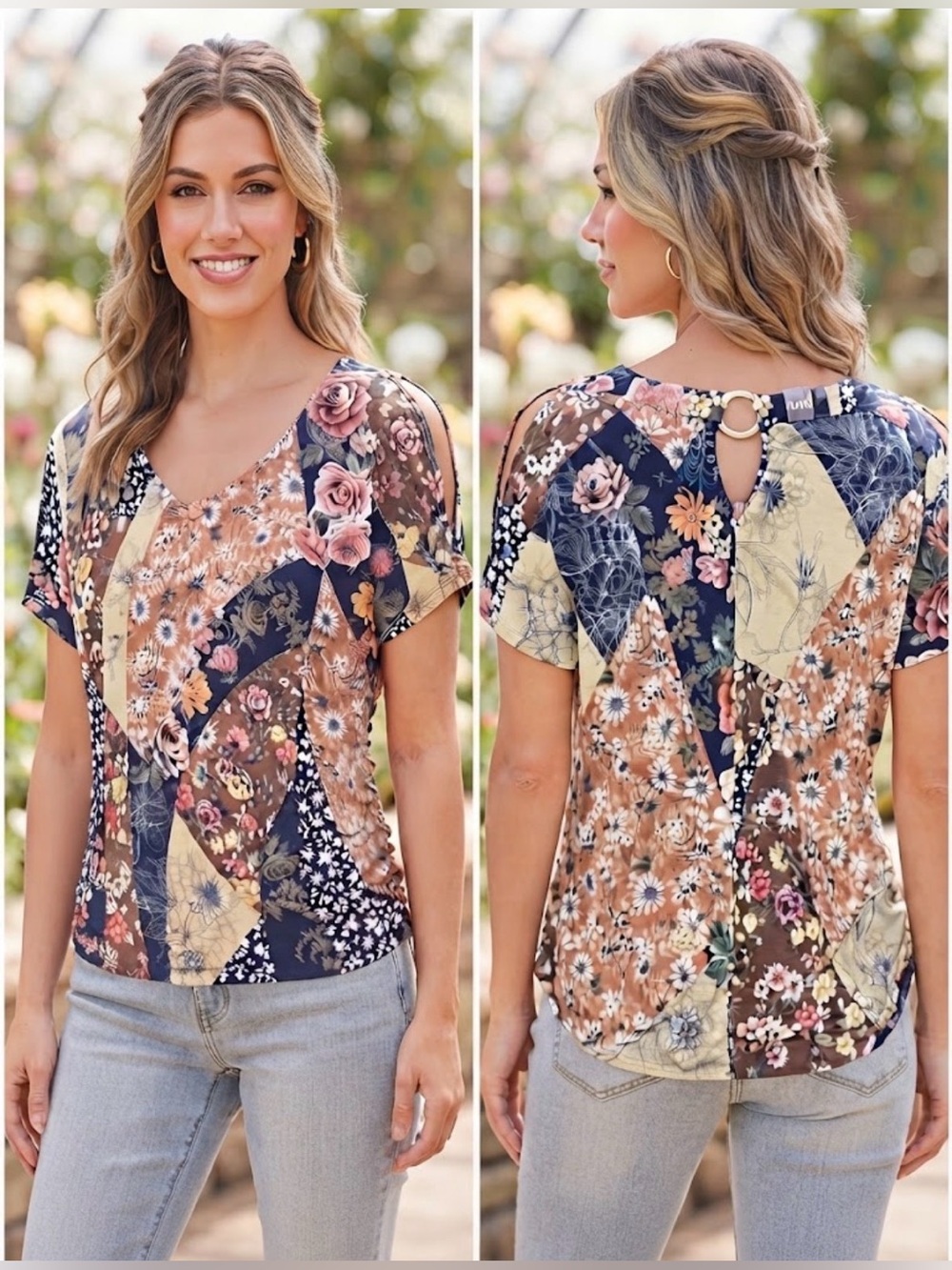 Women’s Small Floral Patchwork Boho Top – Multicolor Short Sleeve – Cottagecore
